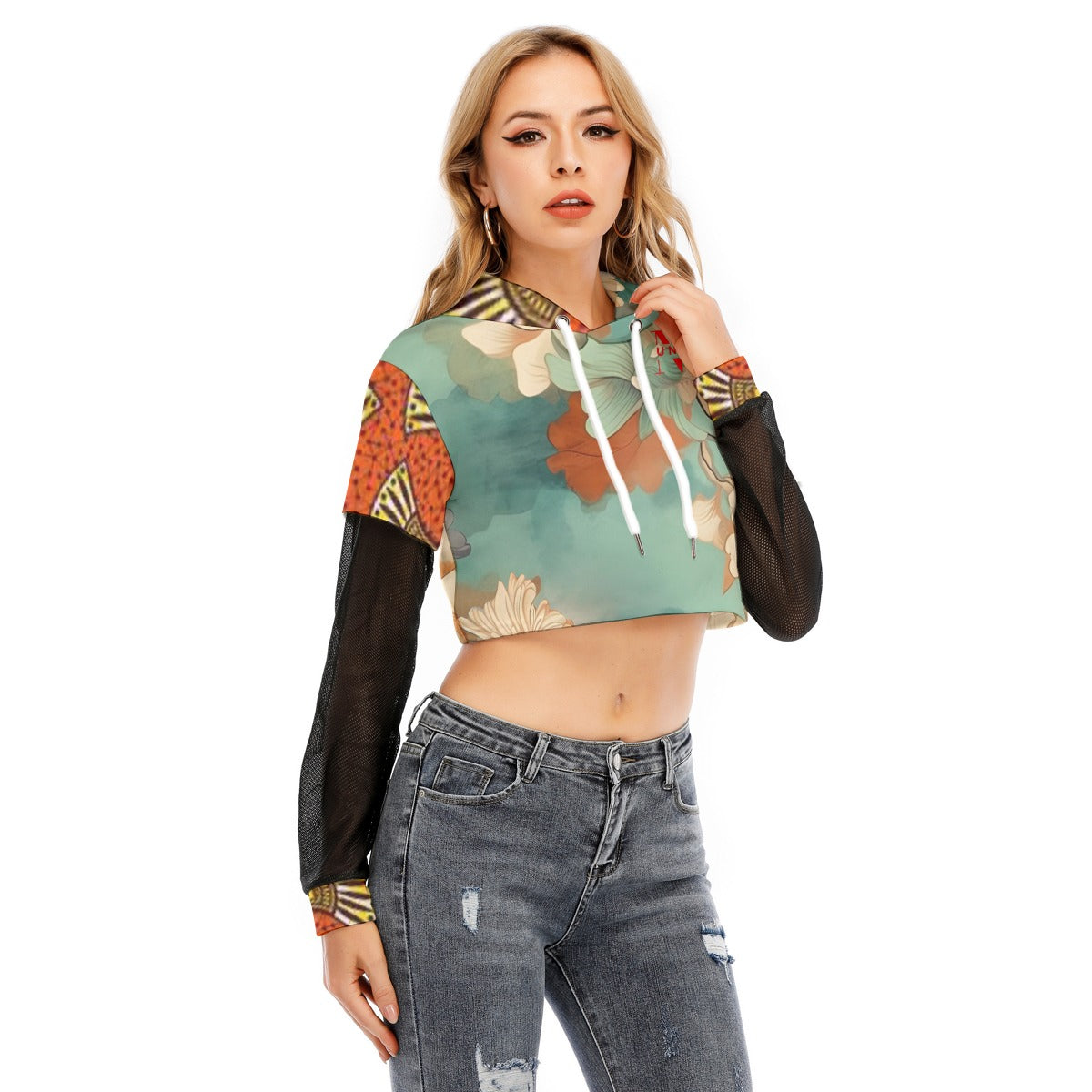 Two-piece Mesh Sleeve Cropped Hoodie