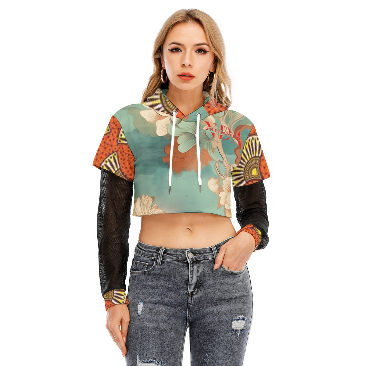 Two-piece Mesh Sleeve Cropped Hoodie
