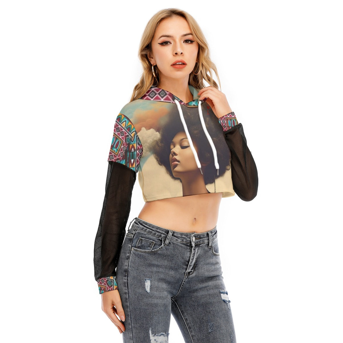Two-piece Mesh Sleeve Cropped Hoodie