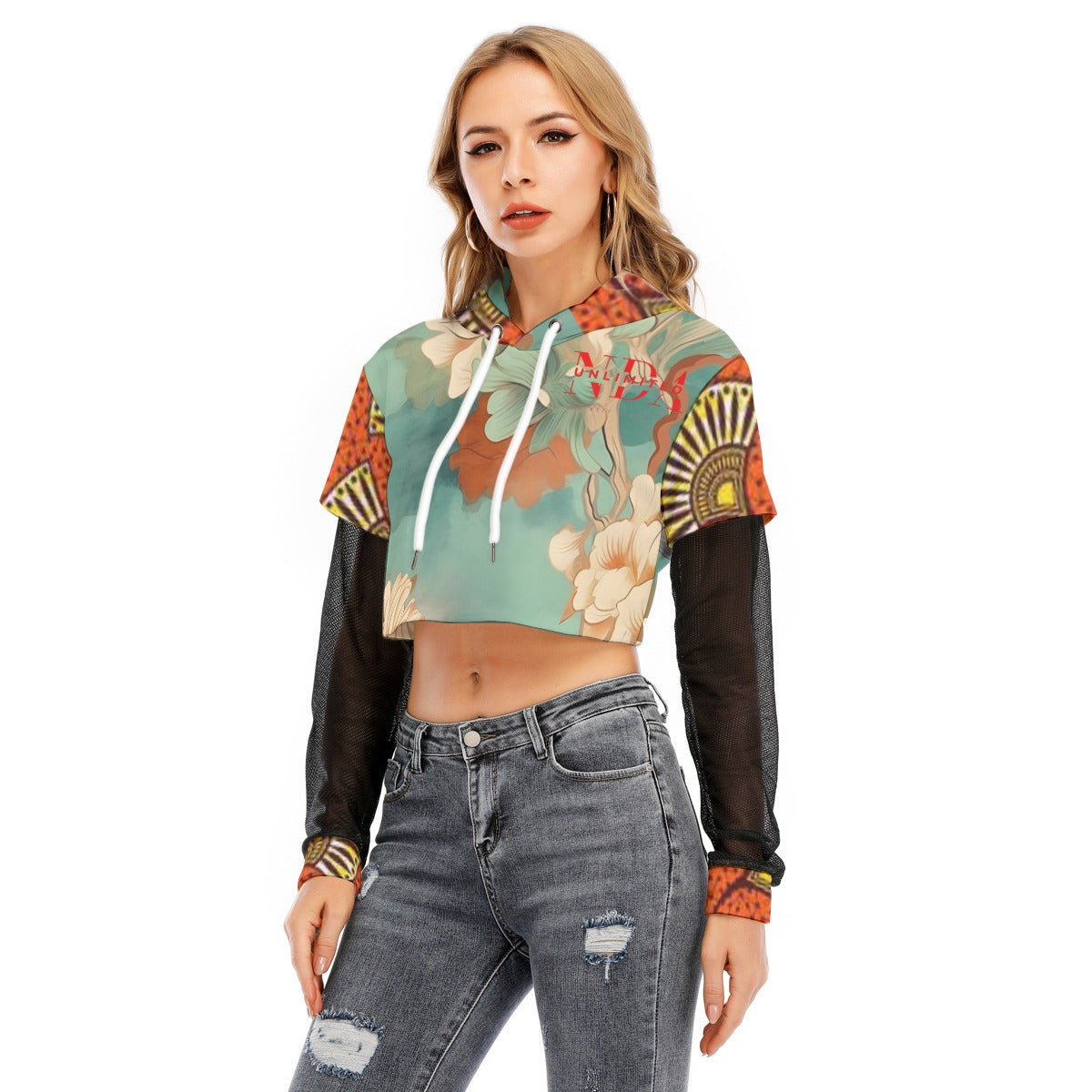 Two-piece Mesh Sleeve Cropped Hoodie