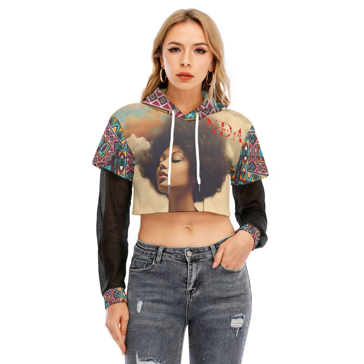 Two-piece Mesh Sleeve Cropped Hoodie