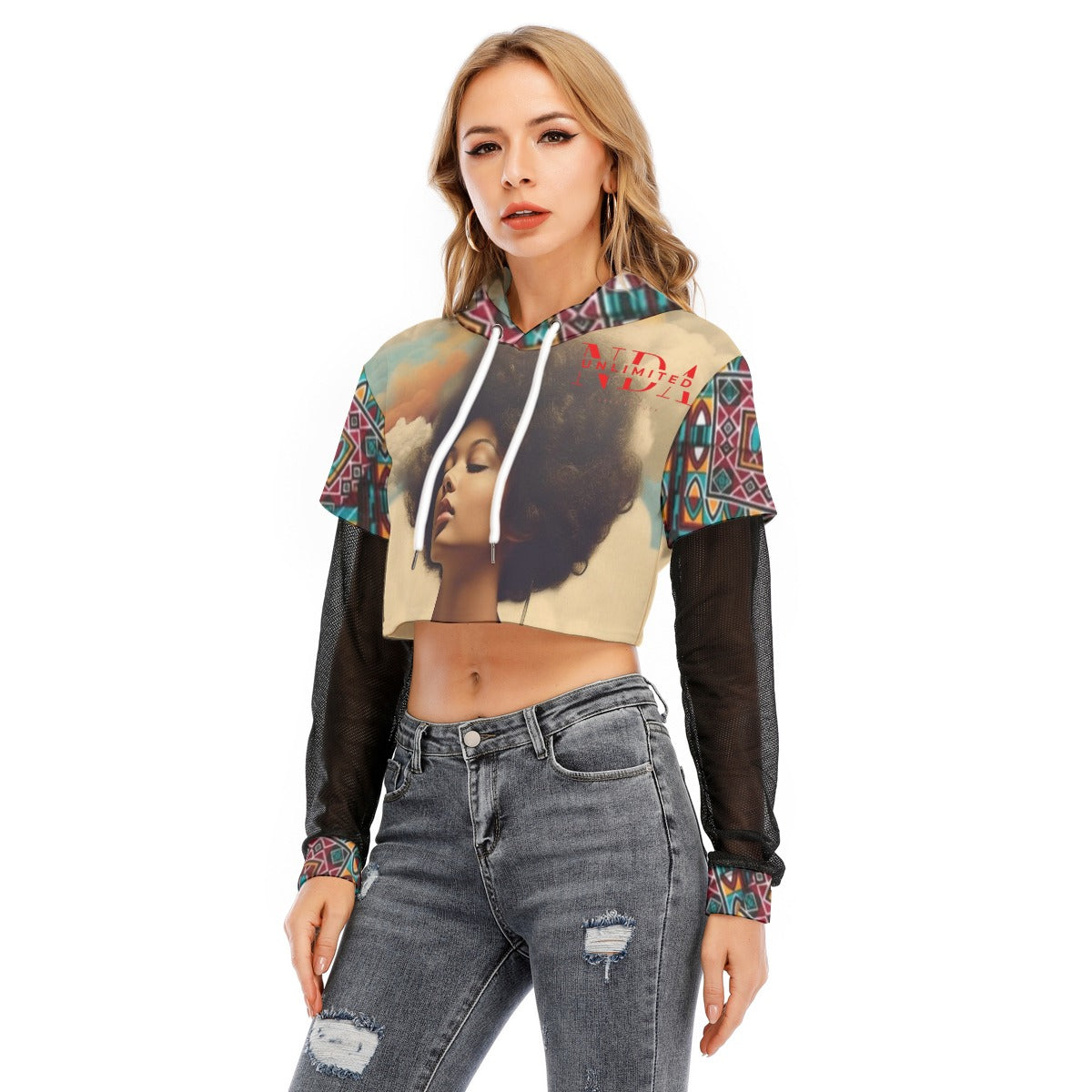 Two-piece Mesh Sleeve Cropped Hoodie